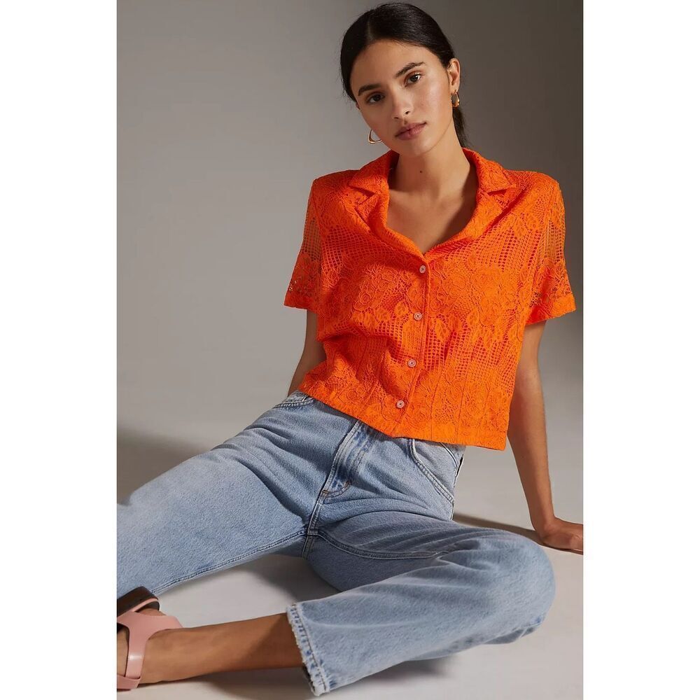 Anthropologie Maeve Lace Buttondown Top size XS Orange